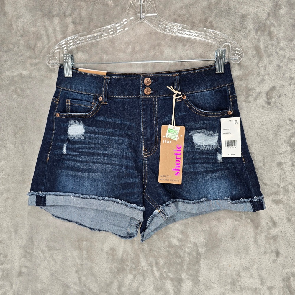Vanilla Star Denim Shorts Women 11 Dark‎ Blue Distressed Mid Rise Shortie